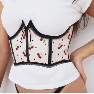 For love and lemons Sheer Black Mesh Cherry Embroidered cupless Bustier Crop Top